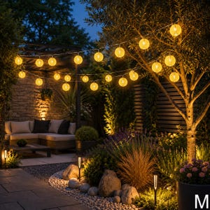 Può includere: Scena di giardino serale con ghirlande di lanterne di carta gialle. Le lanterne illuminano un patio con posti a sedere. Il giardino presenta piante e luci decorative.