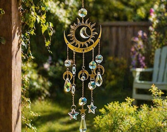 Campana de viento de cristal con forma de sol y luna, atrapasoles celestial, adorno colgante, adorno de jardín, colgante de estrella y luna, regalo para patio exterior.