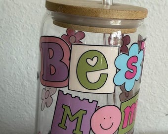 16 oz Glass Can Cup with Straw Topper | Mom Ever Design