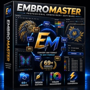 Könnte beinhalten: Eine schwarze Software-Box für die professionelle Sticksoftware EmbroMaster. Die Box zeigt ein zentrales EM-Logo, ein kreisförmiges Diagramm von Dateiformaten wie PES, DST und JEF sowie Screenshots von Löwen-, Schmetterlings- und Blumenstickmustern.
