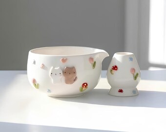 Cute Cat Matcha Bowl Set,  Mushroom Tulip Tea Bowl, Handmade Ceramic Chawan with Whisk Holder, Cottagecore Cat Lover Gift