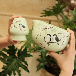 Hand Painted Bird Matcha Bowl Set, Sage Green Ceramic Chawan with White Plum Blossoms, Matching Whisk Holder, Japanese Inspired Pottery