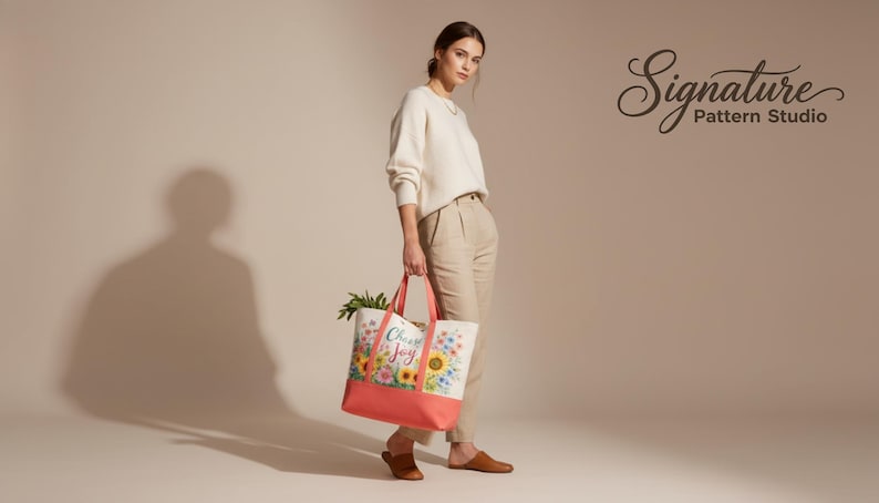 May include: A woman holds a tote bag with a floral design and the words "Choose Joy". The bag has a coral-coloured base and handles. The background is a neutral beige.