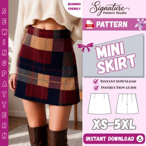 Puede incluir: Una minifalda con un patrón de cuadros en rojo oscuro, azul marino y beige. La imagen incluye el texto: Signature Pattern Studio, PDF Pattern, Mini Skirt, Beginner Friendly, Instant Download, Instruction Guide y el rango de tallas XS-5XL.
