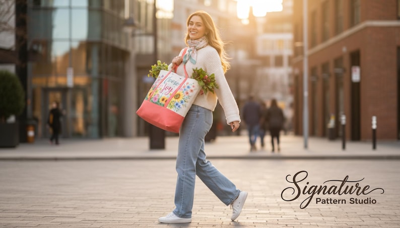 May include: A person walks along a city street carrying a tote bag. The bag is white with a floral design and the words "Choose Joy". The bag has a coral-coloured bottom. They wear a white jumper, jeans, and white trainers.