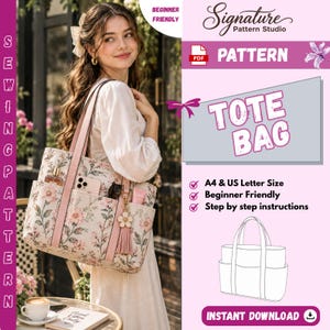 May include: A digital sewing pattern for a tote bag by Signature Pattern Studio. The design features a floral print fabric with pink accents, multiple exterior pockets, and a matching tassel charm. Includes A4 and US Letter size options.
