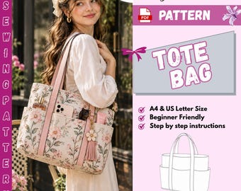 Multi Pockets Tote Bag Sewing Pattern PDF, Canvas shopper bag, Step by Step Instructions with Photos, Video Tutorial, Instant Download