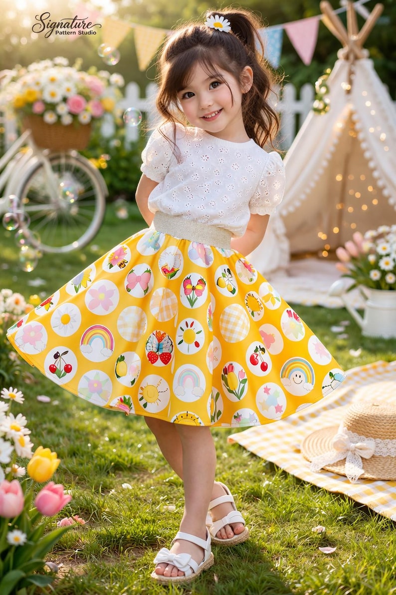 May include: A young girl wearing a white eyelet top and a yellow skirt adorned with colorful circular patterns. The skirt features rainbows, cherries, and other designs. She is wearing white sandals and standing on grass.