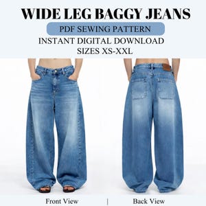 Baggy Wide Leg Jeans Sewing Pattern | Y2K Denim Pants, High Waist (Digital PDF Download)