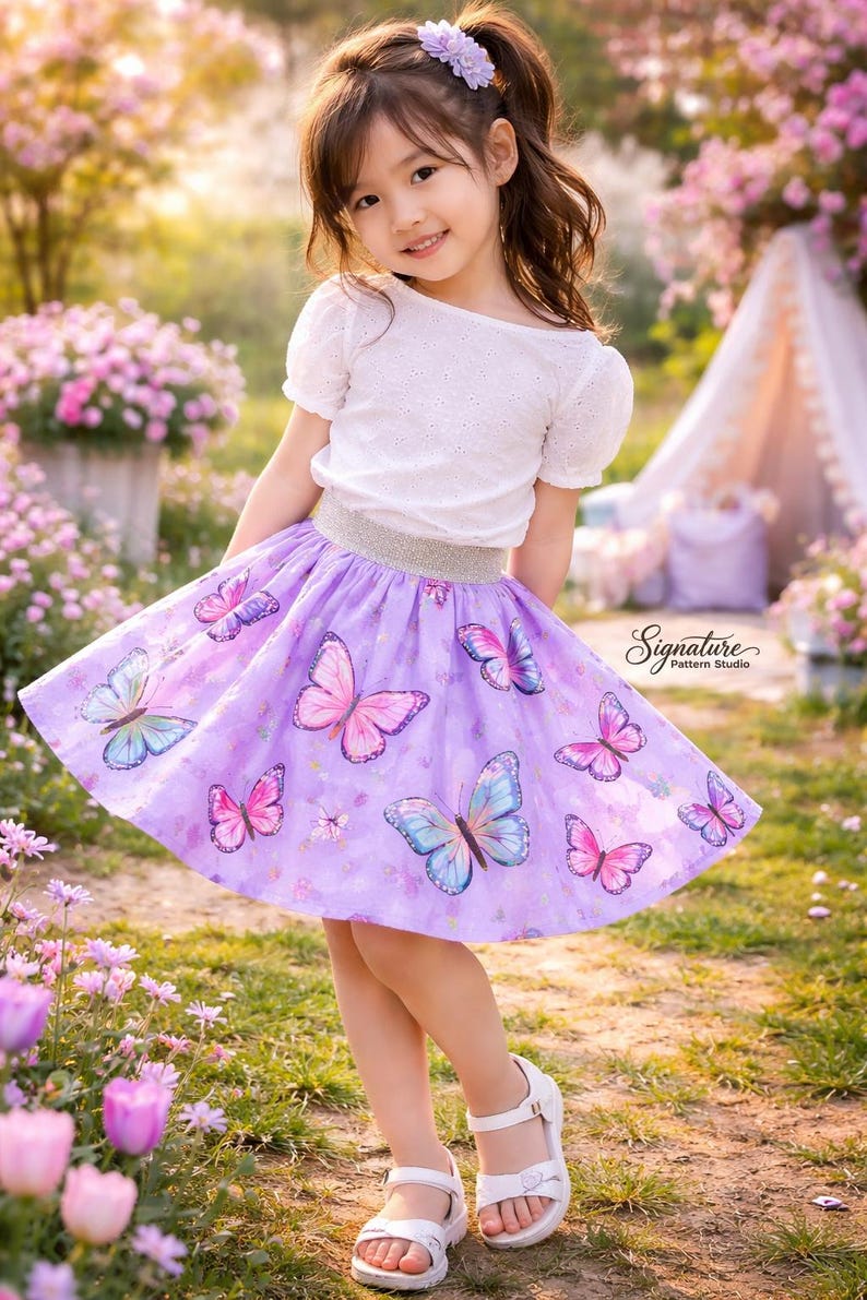 May include: A young girl wearing a white eyelet top and a lavender skirt adorned with colorful butterfly illustrations. The skirt has a silver waistband. She is wearing white sandals. The image is taken outdoors in a garden setting.