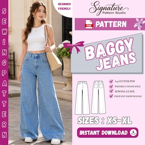 Puede incluir: Un patrón de costura digital para vaqueros anchos de Signature Pattern Studio. El gráfico incluye una foto de unos vaqueros de mezclilla azul claro de pierna ancha, un dibujo técnico del frente y la espalda, y el texto Beginner Friendly, PDF Pattern, Baggy Jeans, y Sizes XS-XL.