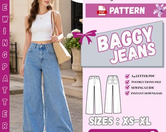 Wide Leg High Waist Jeans Sewing Pattern | Women's Denim Pants Pattern | XS-XL | Printable Pdf | A4 US Letter | Beginner Sewing Pattern