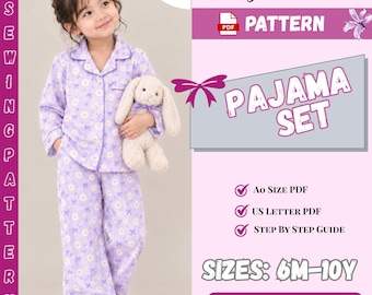 Kids Pajama Sewing Pattern PDF, Button Up Pajama Set, Baby & Toddler Sleepwear, Children's PJs, Sizes 6M-10Y, Instant Download