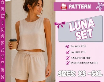 Summer Lounge Set Sewing Pattern PDF | Sleeveless Tank Top and Shorts Pattern | Digital Download Co-ord Set | Easy Beginner Sewing |  XS-5XL