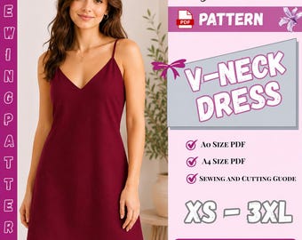 Women's V-Neck Dress Sewing Pattern PDF, Sleeveless Summer Dress Pattern,  XS-3XL, Instant Download