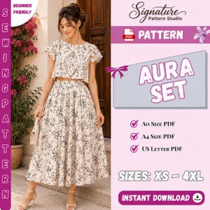May include: A two-piece outfit consisting of a short-sleeved crop top and a high-waisted midi skirt, both featuring a cream base with a dark blue floral pattern. The text reads Signature Pattern Studio, Aura Set, A0 Size PDF, A4 Size PDF, US Letter PDF, Sizes: XS - 4XL, and Instant Download.