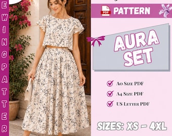 Women's Two Piece Sewing Pattern PDF | Crop Top & Circle Skirt Beginner Pattern | Midi Dress Set | Digital Download XS-4XL | A0 A4 US Letter