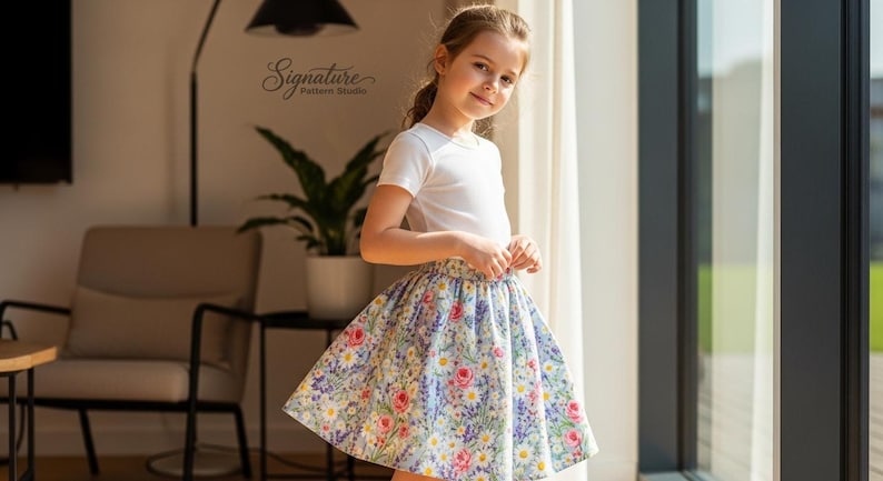 May include: A young person wearing a white t-shirt and a floral print skirt. The skirt features a pattern of pink, purple, and yellow flowers on a light blue background. The text "Signature Pattern Studio" is visible in the background.