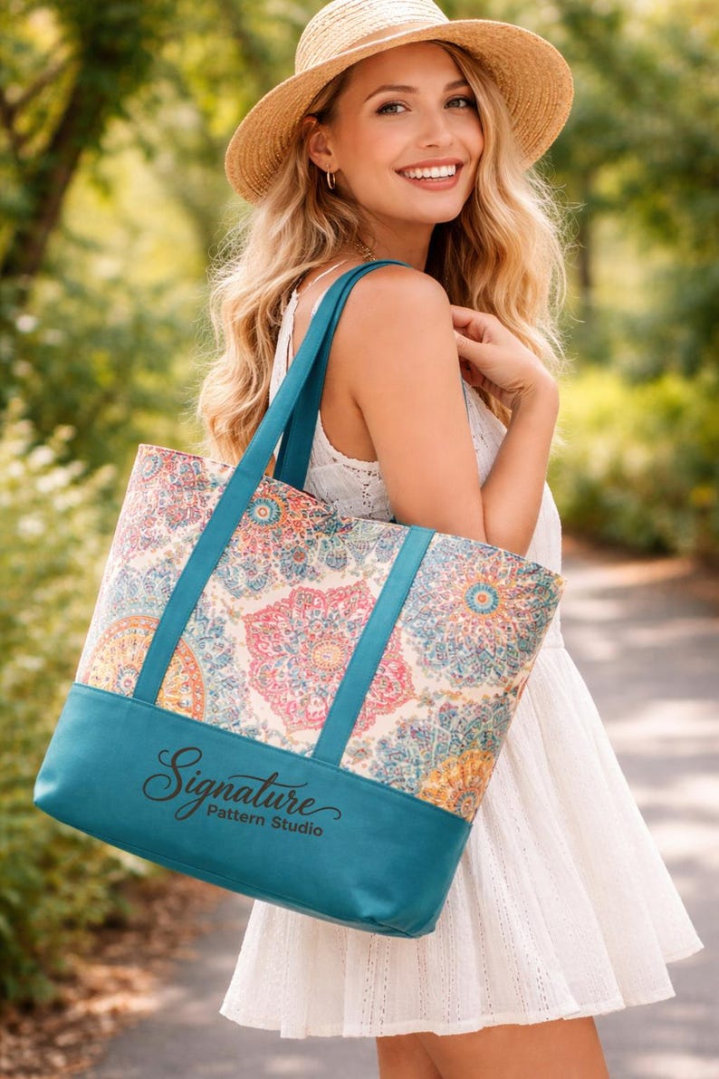 May include: A teal tote bag with a colourful floral pattern and teal straps. The bag has the text "Signature Pattern Studio" on the front. The person in the image is wearing a white dress and a straw hat.