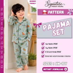 May include: A digital sewing pattern for a pajama set by Signature Pattern Studio. The set includes a long-sleeved button-down shirt and pants in a light green fabric with a colorful dinosaur print. Includes A0, A4, and US Letter PDF formats.