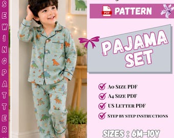 PDF-patroon kinderpyjama, klassiek patroon nachtkleding met knopen, patronen voor baby's en peuters, digitaal pdf-patroon voor jongens en meisjes 6 M-10 jaar