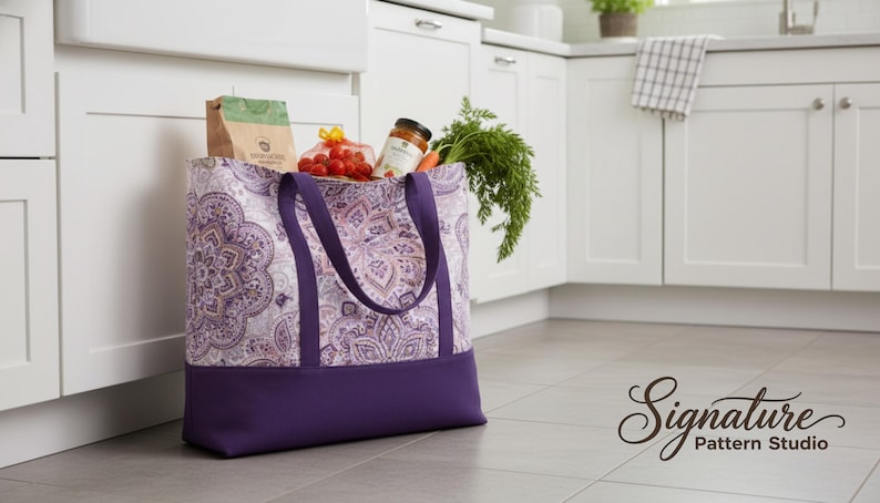 May include: A large tote bag with a purple and white paisley pattern, filled with groceries. The bag has a solid purple base and matching handles. The bag contains a bag of flour, tomatoes, carrots, and a jar of sauce.