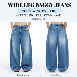 Modello di cucito per jeans larghi e a gamba larga / Pantaloni in denim Y2K, vita alta (download PDF digitale)