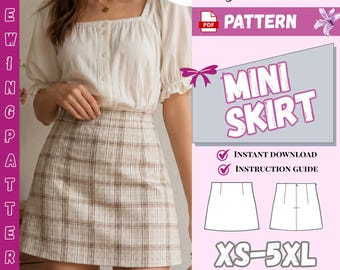 Mini Skirt Sewing Pattern PDF, A-Line Pleated Skirt Pattern for Women, Beginner Friendly, Plus Size XS-5XL, Instant Download Sewing PDF