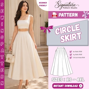 Women's Midi Skirt Sewing Pattern PDF, Girls Full Circle Skirt Pattern, High Waist Skirt with Pockets, Easy Beginner Skirt Pattern, XS-4XL