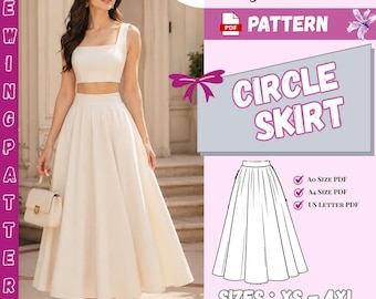 Women's Midi Skirt Sewing Pattern PDF, Girls Full Circle Skirt Pattern, High Waist Skirt with Pockets, Easy Beginner Skirt Pattern, XS-4XL