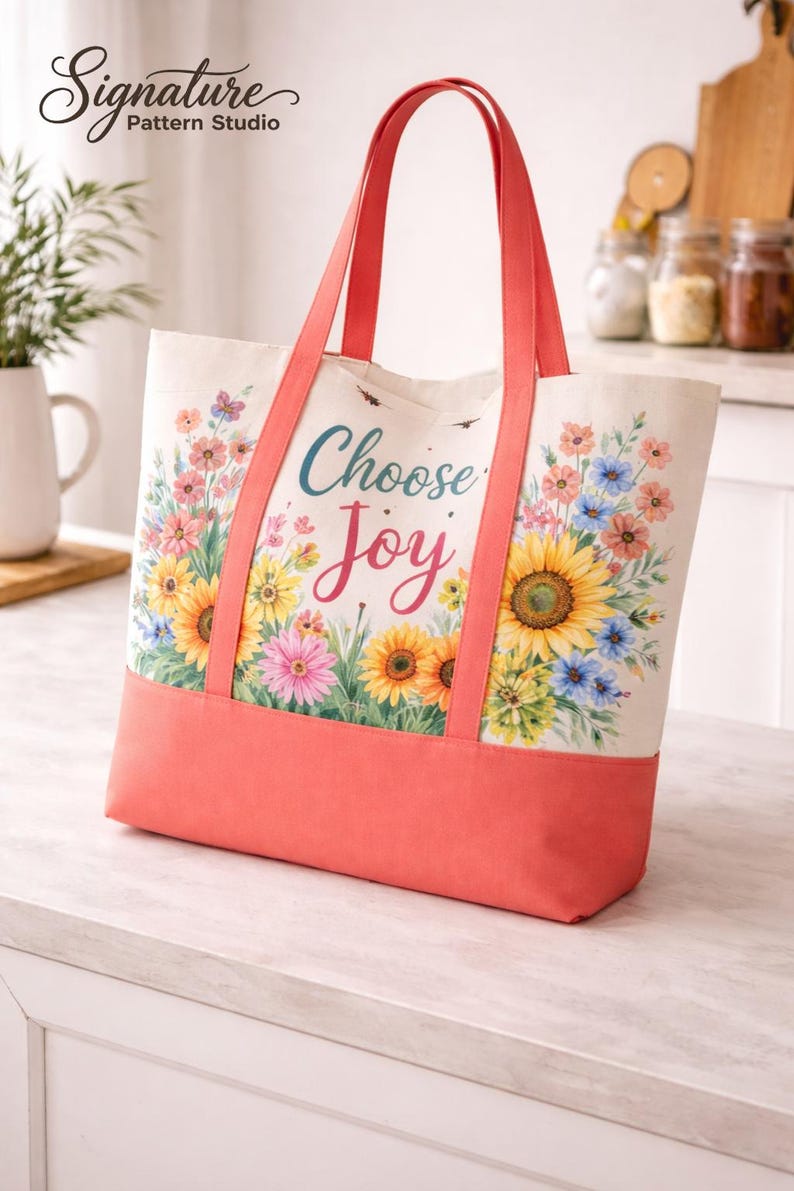 May include: A canvas tote bag with coral handles and a coral base. The bag displays a floral design with sunflowers and the words "Choose Joy". The Signature Pattern Studio logo is in the upper left corner.