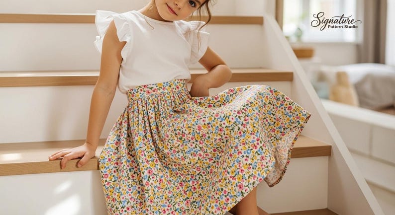 May include: A young girl wearing a white top with ruffled sleeves and a floral print skirt. The skirt features a pattern of small flowers in various colors. The girl is sitting on wooden stairs.
