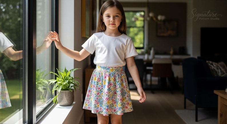 May include: A young person wearing a white t-shirt and a floral print skirt. The skirt features a pattern of colorful flowers on a light background. The outfit is suitable for casual wear. The image is well-lit, with natural light.