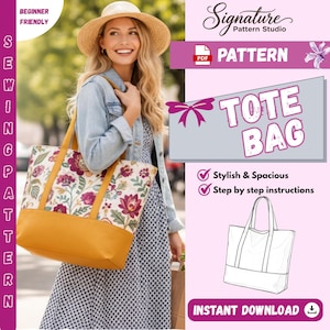 Puede incluir: Un bolso tote floral con una base y correas de color amarillo mostaza. El bolso presenta un estampado de flores rojas y moradas. El texto en la imagen dice "TOTE BAG", "Stylish & Spacious" y "Step by step instructions". La imagen también incluye el texto "INSTANT DOWNLOAD".