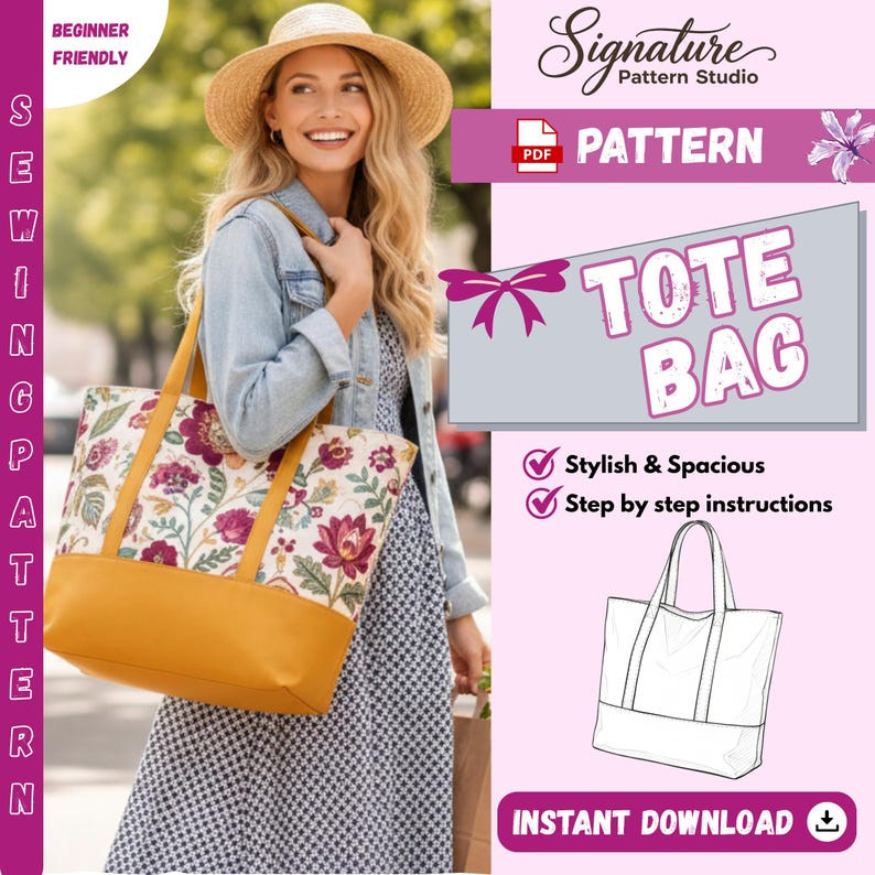 May include: A floral tote bag with a mustard yellow base and straps. The bag features a pattern of red and purple flowers. Text on the image reads "TOTE BAG", "Stylish & Spacious", and "Step by step instructions". The image also includes the text "INSTANT DOWNLOAD".