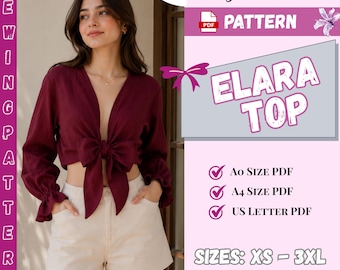 Tie Front Blouse Sewing Pattern PDF | V Neck Crop Top Pattern | Long Sleeve Bow Top | XS–3XL | Instant Digital Download
