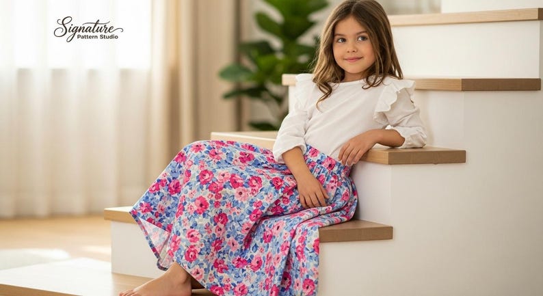 May include: A young person wearing a white top with ruffled sleeves and a long floral skirt, sitting on wooden stairs. The skirt features a pattern of pink and blue flowers. The image includes the text "Signature Pattern Studio".
