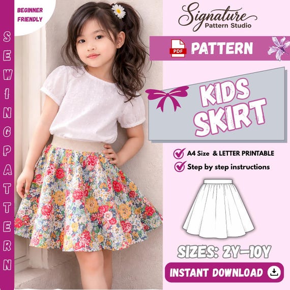 Kids Circle Skirt Sewing Pattern PDF | Easy Beginner Skirt Pattern | Girls Skirt Pattern 2Y-10Y | Printable Sewing Pattern |DIY Kids Clothes