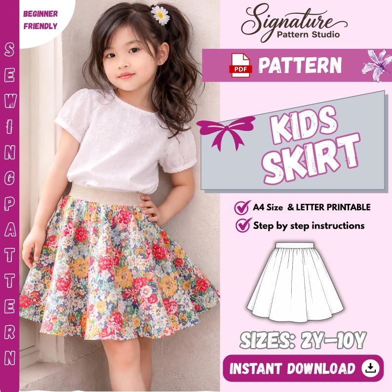 May include: A young girl wearing a white top and a floral skirt. The skirt has a gold waistband and a colorful floral pattern. The image also shows a sewing pattern for a kids skirt, with text that reads "KIDS SKIRT" and "SIZES: 2Y-10Y".