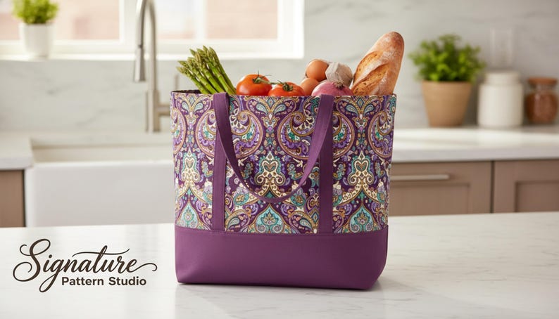 May include: A patterned tote bag with a purple base and handles, filled with groceries such as tomatoes, asparagus, and a baguette. The bag features a decorative paisley pattern. The text "Signature Pattern Studio" is in the lower left corner.