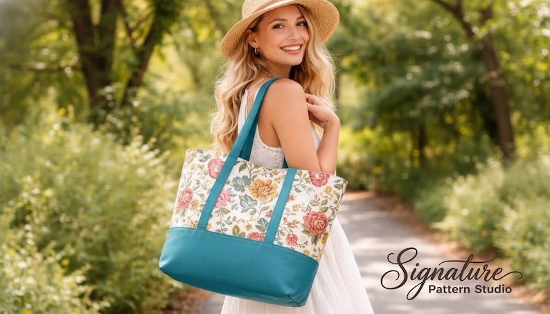 May include: A tote bag with a floral pattern and teal blue base and straps. The bag has a cream background with red, yellow, and pink flowers. The words "Signature Pattern Studio" are in the bottom right corner.