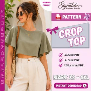 Könnte beinhalten: Ein digitales Schnittmuster für ein salbeigrünes bauchfreies Oberteil mit Flatterärmeln. Die Grafik enthält den Text Signature Pattern Studio, Pattern, Crop Top, Beginner Friendly, A0 Size PDF, A4 Size PDF, US Letter PDF und Sizes: XS - 4XL.