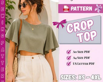 Women Top Sewing Pattern PDF | Summer Top & Blouse Pattern | Linen Top Pattern | Cropped Flutter Sleeve Top Pattern |A0,A4 US 2-30 | XS-4XL