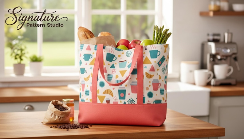 May include: A patterned tote bag filled with groceries, including bread, apples, and asparagus. The bag has a design of coffee cups, croissants, and geometric shapes. The base of the bag is coral, and the handles are pink. The text "Signature Pattern Studio" is visible.