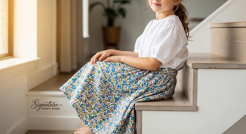May include: A white blouse with puffed sleeves and a floral print skirt. The skirt features a blue background with yellow, blue, and pink flowers. The "Signature Pattern Studio" logo is visible in the lower left corner.