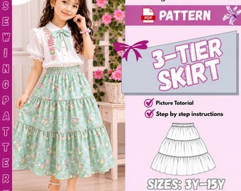 Naaipatroon 3-laagse maxi-rok meisjes | PDF-bestand voor beginners (maten: 3-15 jaar)