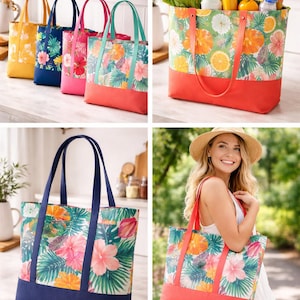 May include: Tote bags with floral patterns and solid-colour bottoms. The bags feature a variety of colours, including yellow, blue, pink, and green. One bag is filled with groceries. The bags have handles and are suitable for carrying items.