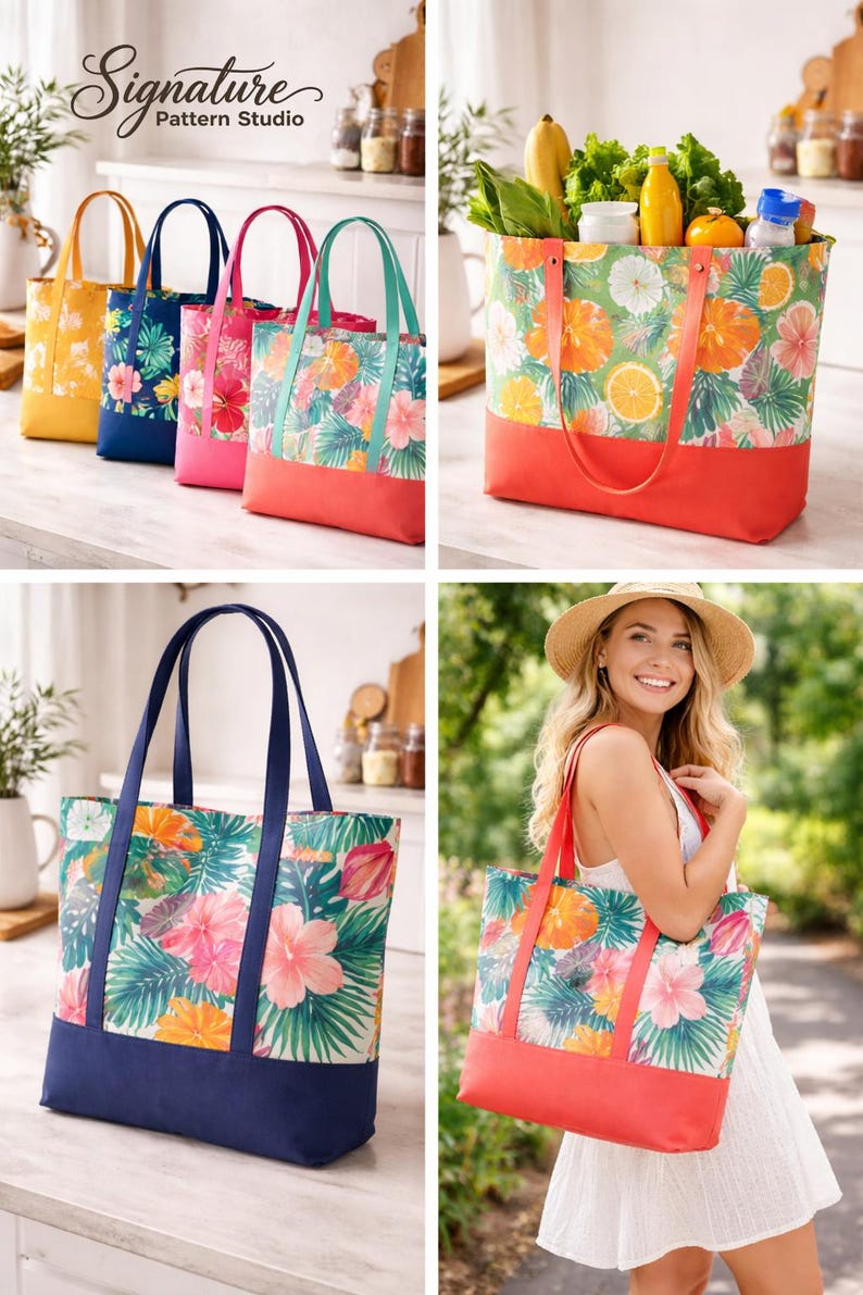 May include: Tote bags with floral patterns and solid-colour bottoms. The bags feature a variety of colours, including yellow, blue, pink, and green. One bag is filled with groceries. The bags have handles and are suitable for carrying items.