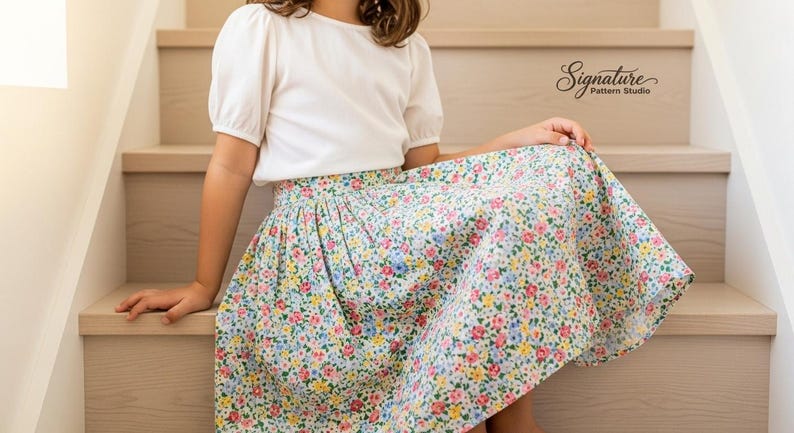 May include: A white short-sleeved top paired with a floral print skirt. The skirt features a pattern of small flowers in shades of pink, blue, and yellow on a light background. The image includes the text "Signature Pattern Studio".