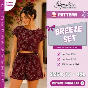 May include: A digital sewing pattern for a Breeze Set, including a crop top and shorts in sizes XS to 4XL. The pattern features a dark maroon fabric with a small white floral print. Includes A0, A4, and US Letter PDF formats for download.